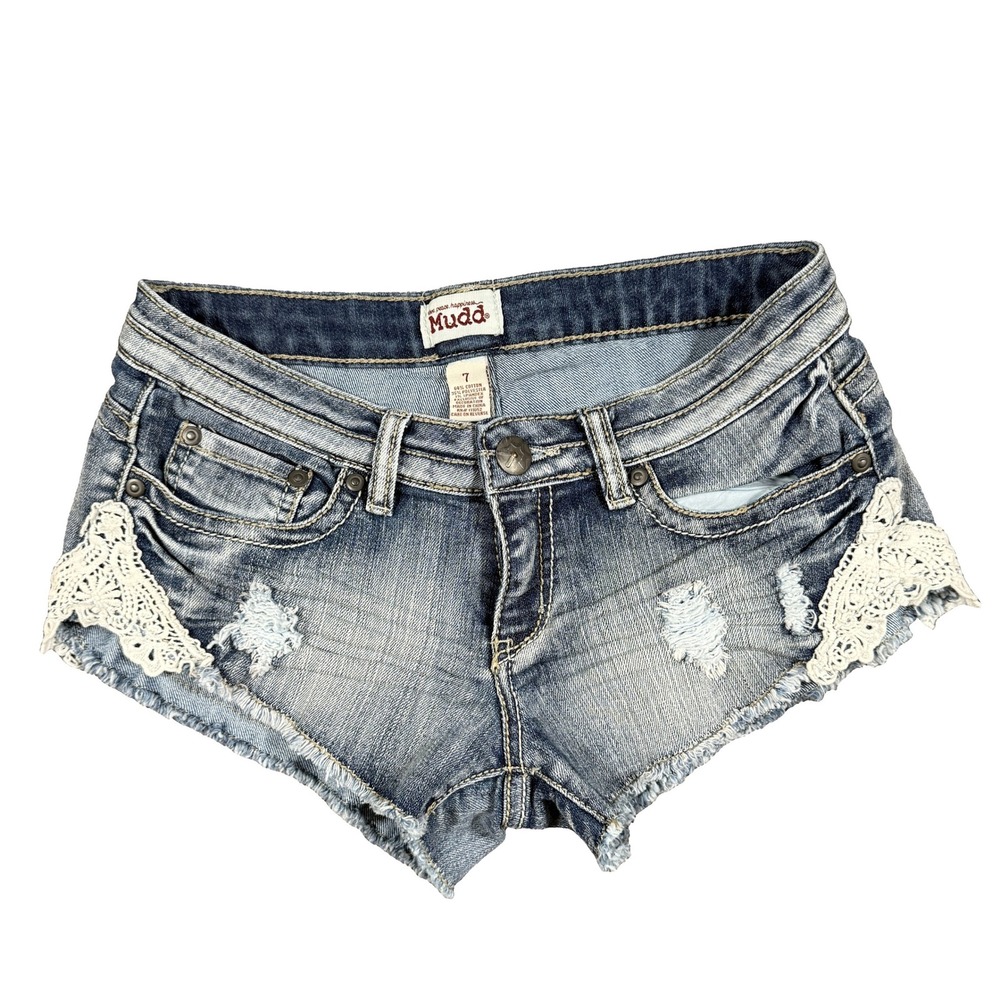 Mudd Womens Low Rise Distressed Denim Shorts Crochet Lace Blue Size 7 Y2K Boho